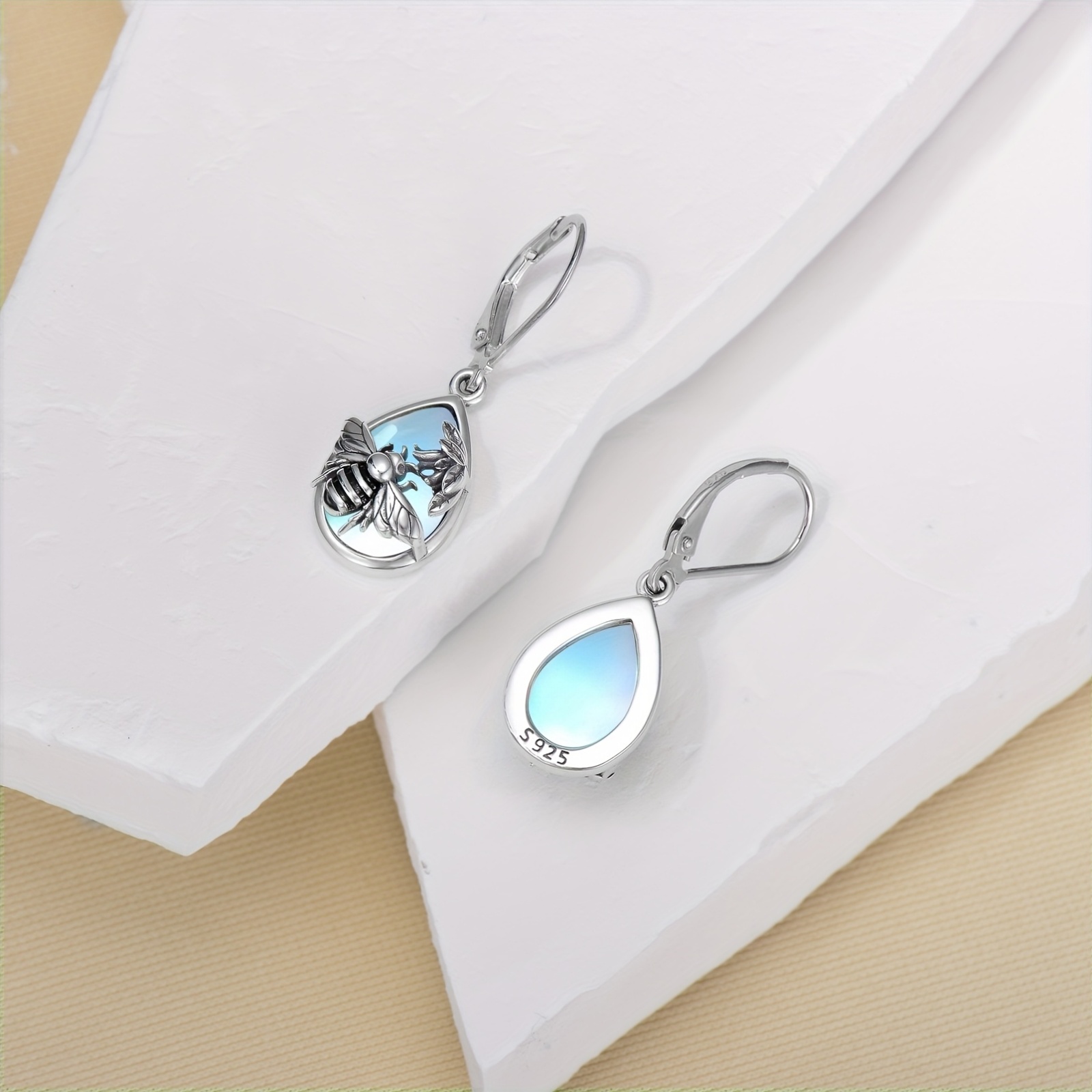 Women's 925 Sterling Silver Moonstone Bee Earrings — Gift for Her